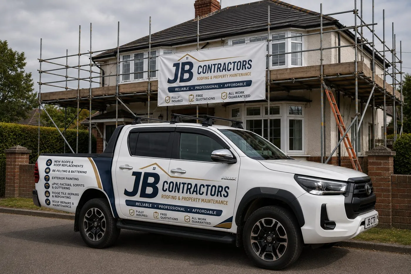 Kingsteignton Roofing pickup truck on site at a scaffolded roofing job in Kingsteignton