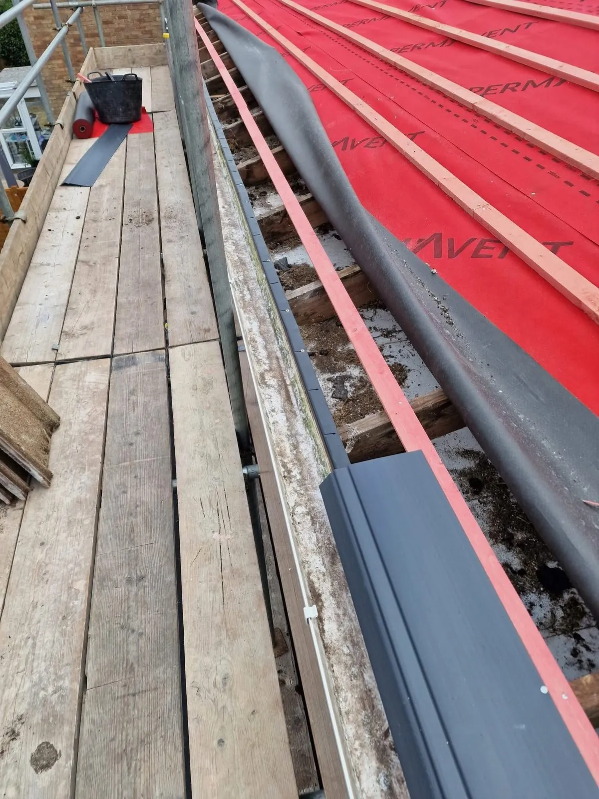 Breathable membrane and battens fitted during a re-roof in Kingsteignton